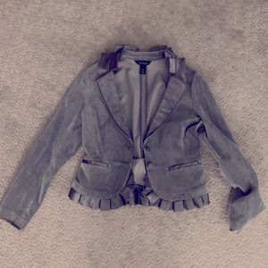 Velvet and satin gray blazer with ruffles